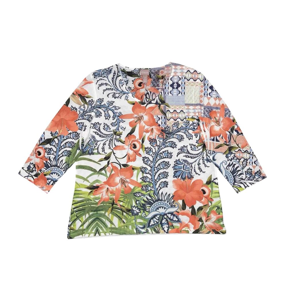 Chico's Floral 3/4 Sleeves Top Large Multicolor Casual Boho Cottagecore Feminine